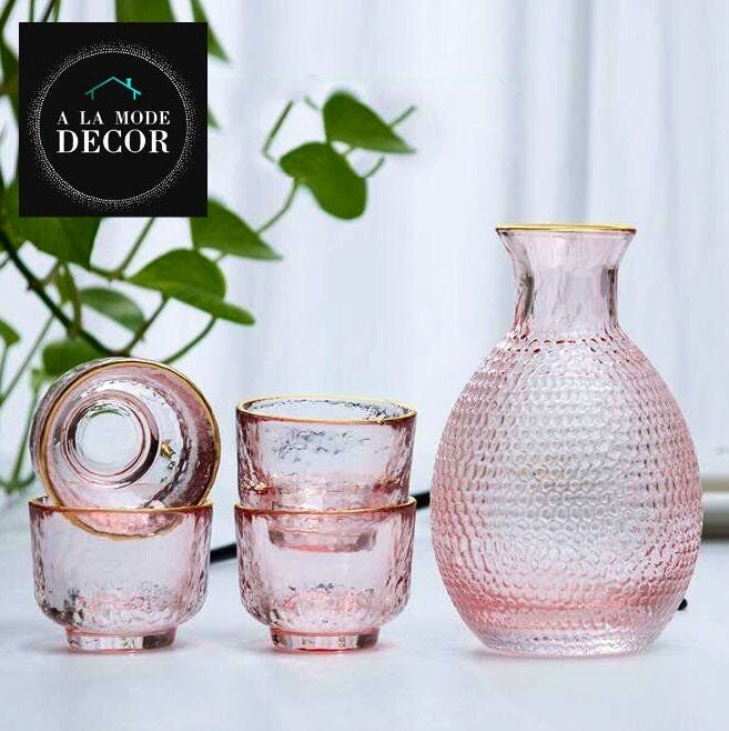 Japanese Carafe Set, Glass Decanter Set, Wine Decanter with Glasses, Gold Trim Cocktail Glasses, Carafe and Glass Set, Sake Set