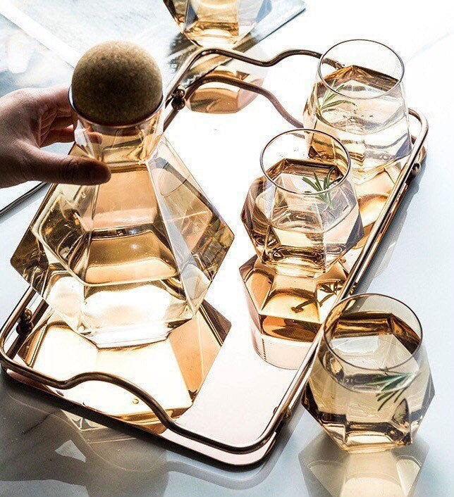 Whiskey Decanter, Geometric Carafe, Glass Carafe, Carafe Set, Whiskey Glasses, Mirrored Tray, Wood Stopper, Carafe & Glass Set, Gift Set