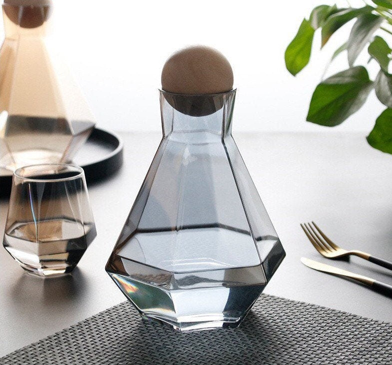 Carafe and Glass Set, Blue Grey Carafe Set, Whiskey Decanter Set, Diamond Glass Pitcher, Glasses, Carafe Tray, Wood Ball Cork Stopper