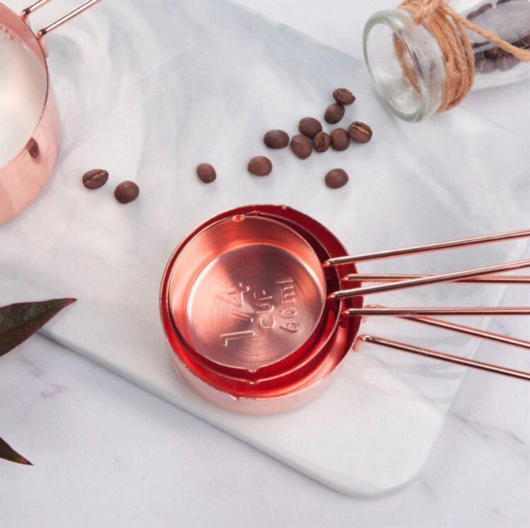 Rose Gold Measuring Cups and Spoons, Set of 8, Copper Measuring Cups, Measuring Spoons, Engraved, Stainless Steel, Unique Gifts For Her