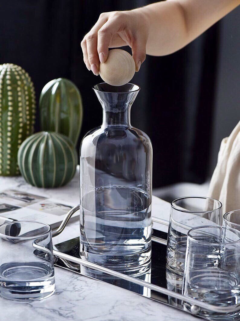 Blue Grey Barware Set, Decanter Set, Carafe, Glass Pitcher, 4 Glasses, Tray, Wood Ball Stopper, Carafe and Glass Set, Gifts