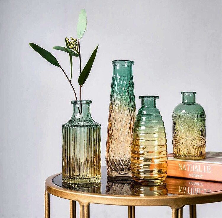 Gradient Glass Vases, Bud Vase Set, Retro Vase Decor, Glass Vases, Bud Vases, Amber Green Gradient Vase, Green Vases, Boho Chic Vase