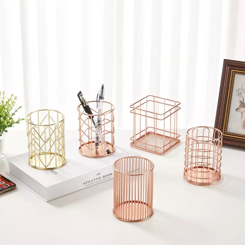 Rose Gold Geometric Pencil Holder | Rose Gold Pen Holder | Desk Organizer | Makeup Brush Holder | Office Decor | Vanity Decor