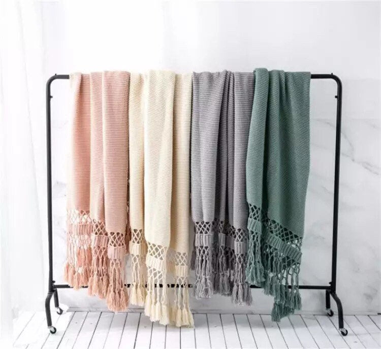 Sage Green Throw Blanket, Soft Knit Throw Blanket, Throw Blanket with Tassels, Neutral Grey, Pink, White, Snug Knit, 50 x 60 Inches