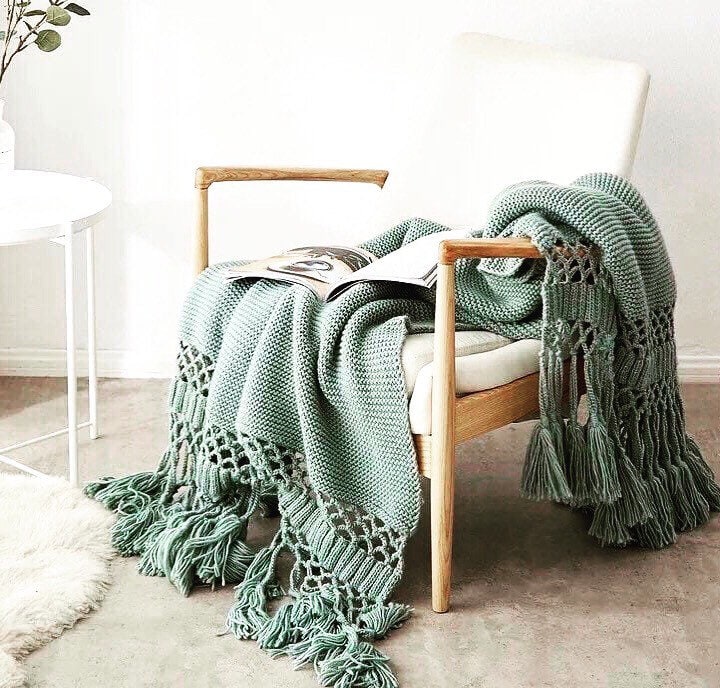 Sage Green Throw Blanket, Soft Knit Throw Blanket, Throw Blanket with Tassels, Neutral Grey, Pink, White, Snug Knit, 50 x 60 Inches