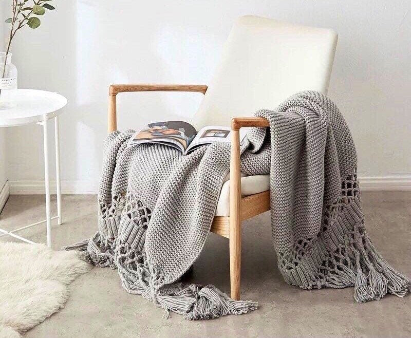 Soft White Throw Blanket, Knit Throw Blanket, Throw Blanket with Tassels, Sage Green, Pink, Grey, Snug Knit, 50 x 60 Inch