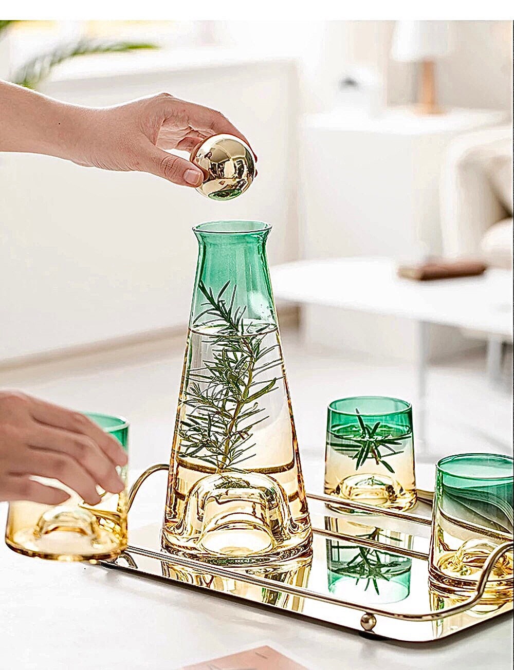 Amber Green Gradient Carafe, Carafe Set, Carafe and Stopper, Unique Barware Set, Cocktail Glasses, Carafe Tray, Ball Stopper, Carafe and Glass Set