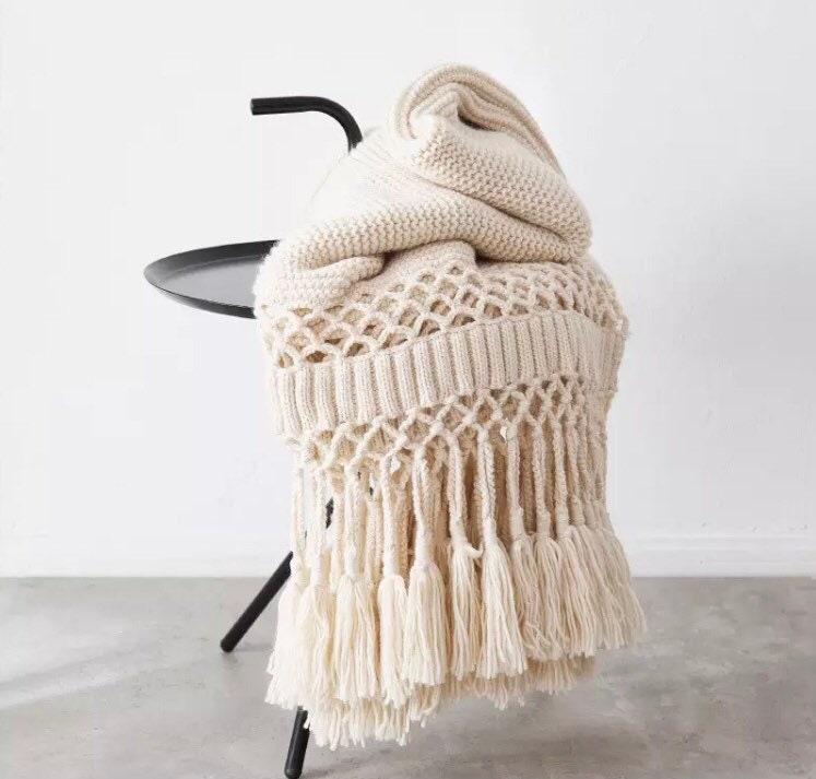 Soft White Throw Blanket, Knit Throw Blanket, Throw Blanket with Tassels, Sage Green, Pink, Grey, Snug Knit, 50 x 60 Inch