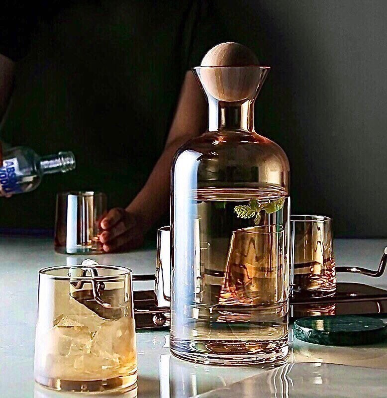 Amber Whiskey Decanter, Decanter, Whiskey Glasses, Carafe, Carafe Set, Glass Pitcher, Wood Ball Cork Stopper, Tray, Full Set, Gift Set