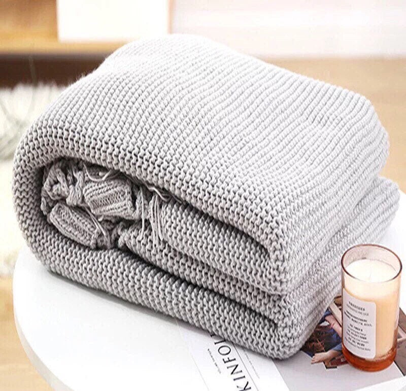 Soft White Throw Blanket, Knit Throw Blanket, Throw Blanket with Tassels, Sage Green, Pink, Grey, Snug Knit, 50 x 60 Inch