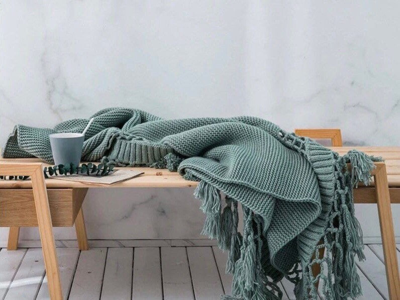Sage Green Throw Blanket, Soft Knit Throw Blanket, Throw Blanket with Tassels, Neutral Grey, Pink, White, Snug Knit, 50 x 60 Inches