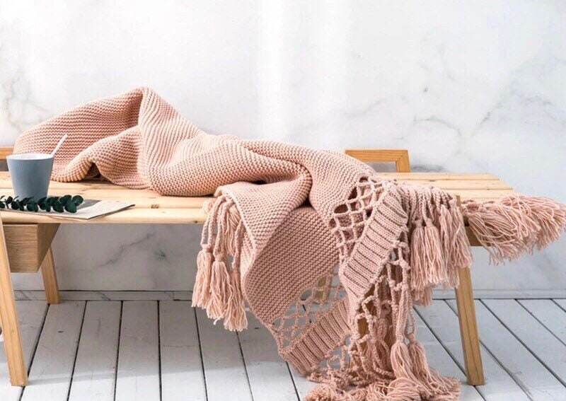 Pink Throw Blanket, Chunky Knit Throw Blanket, Throw Blanket with Tassels, Green, Grey, White, Snug Knit, 50 x 60 Inch