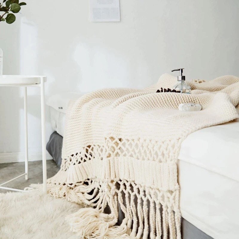 Soft White Throw Blanket, Knit Throw Blanket, Throw Blanket with Tassels, Sage Green, Pink, Grey, Snug Knit, 50 x 60 Inch