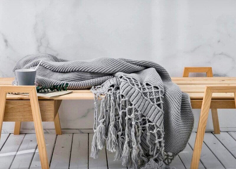 Soft Grey Throw Blanket, Knit Throw Blanket, Throw Blanket with Tassels, Sage Green, Pink, White, Snug Knit, 50 x 60 Inch
