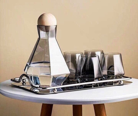Carafe and Glass Set, Blue Grey Carafe Set, Whiskey Decanter Set, Diamond Glass Pitcher, Glasses, Carafe Tray, Wood Ball Cork Stopper