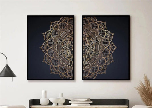 Mandala Wall Art Prints | Zen Wall Art | Mandala Wall Art | Zen Wall Print | 5 Shades | 2-Piece Set | Gold & Black