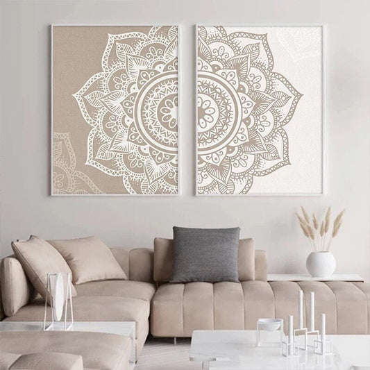 Mandala Wall Art Prints | Zen Wall Art | Wall Decor | Zen Wall Print | 5 Shades | 2-Piece Set | Beige & White