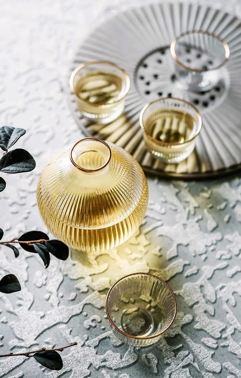 Japanese Sake Set | Wine Decanter | Carafe | Sake Decanter | Wine Decanter Set | Carafe Set | Barware | Champagne | Gold | Clear | Gold Rim