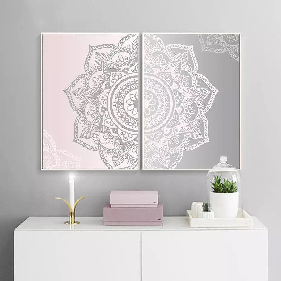 Mandala Wall Art Prints | Zen Wall Art | Mandala Wall Decor | Zen Wall Print | 5 Shades | 2-Piece Set | Green & White