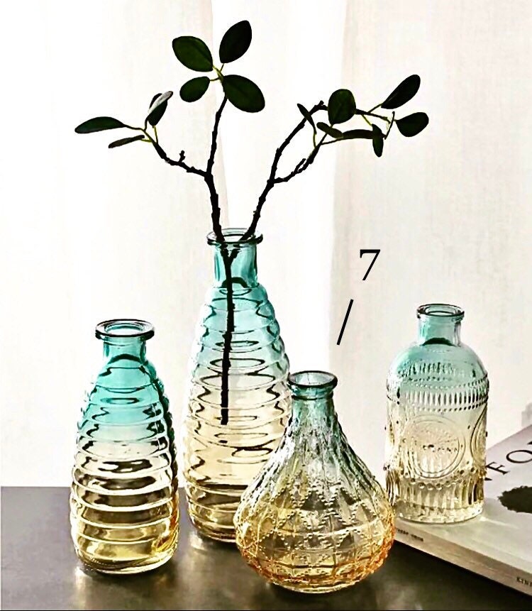 Gradient Glass Vases, Bud Vase Set, Retro Vase Decor, Glass Vases, Bud Vases, Amber Green Gradient Vase, Green Vases, Boho Chic Vase