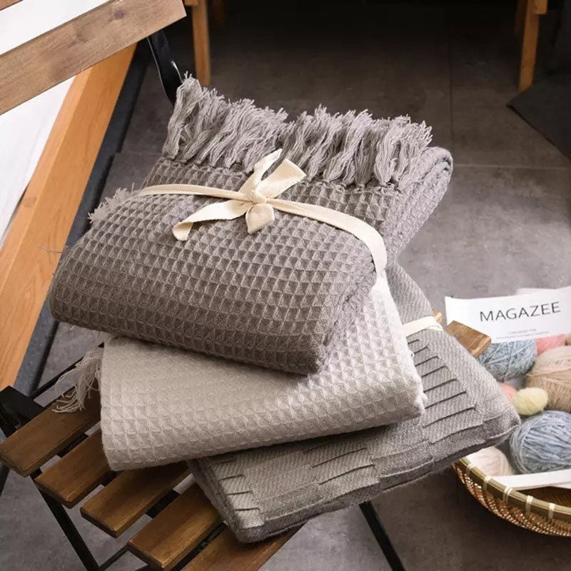 Waffle Knit Throw Blanket, Soft Knit Throw Blanket, Throw Blanket with Tassels, Cozy Soft Knit Throw, Warm Grey, Cool White, 50 x 60 Inches