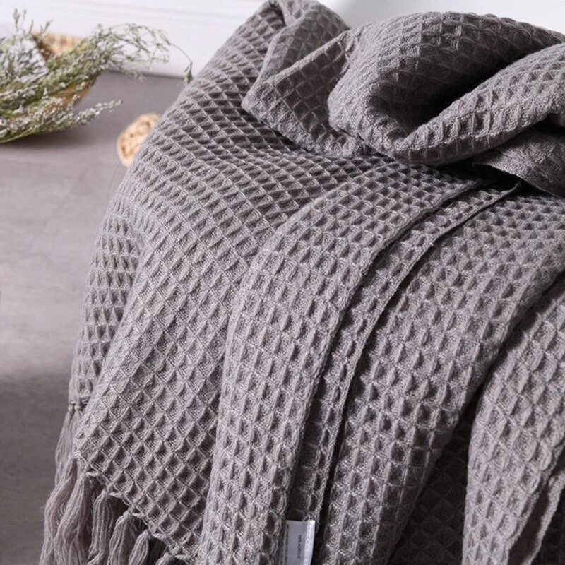 Waffle Knit Throw Blanket, Soft Knit Throw Blanket, Throw Blanket with Tassels, Cozy Soft Knit Throw, Warm Grey, Cool White, 50 x 60 Inches