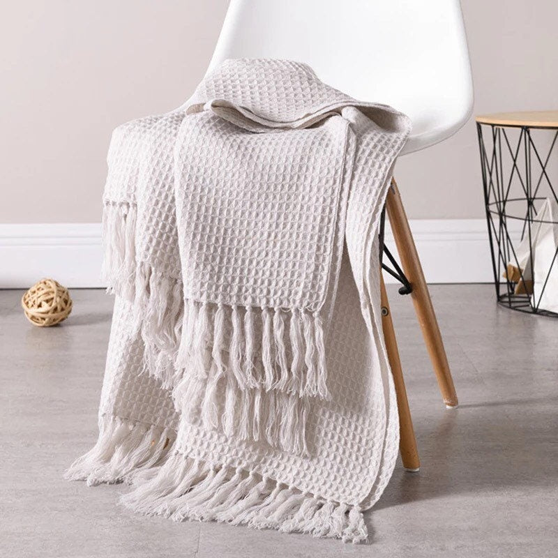 Waffle Knit Throw Blanket, Soft Knit Throw Blanket, Throw Blanket with Tassels, Cozy Soft Knit Throw, Warm Grey, Cool White, 50 x 60 Inches