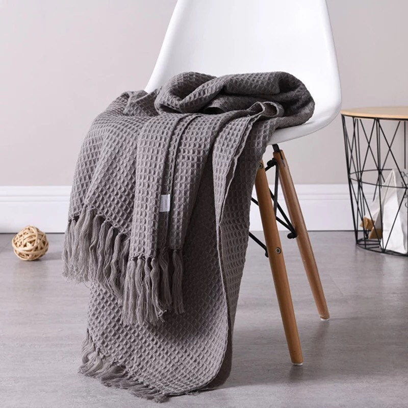 Waffle Knit Throw Blanket, Soft Knit Throw Blanket, Throw Blanket with Tassels, Cozy Soft Knit Throw, Warm Grey, Cool White, 50 x 60 Inches