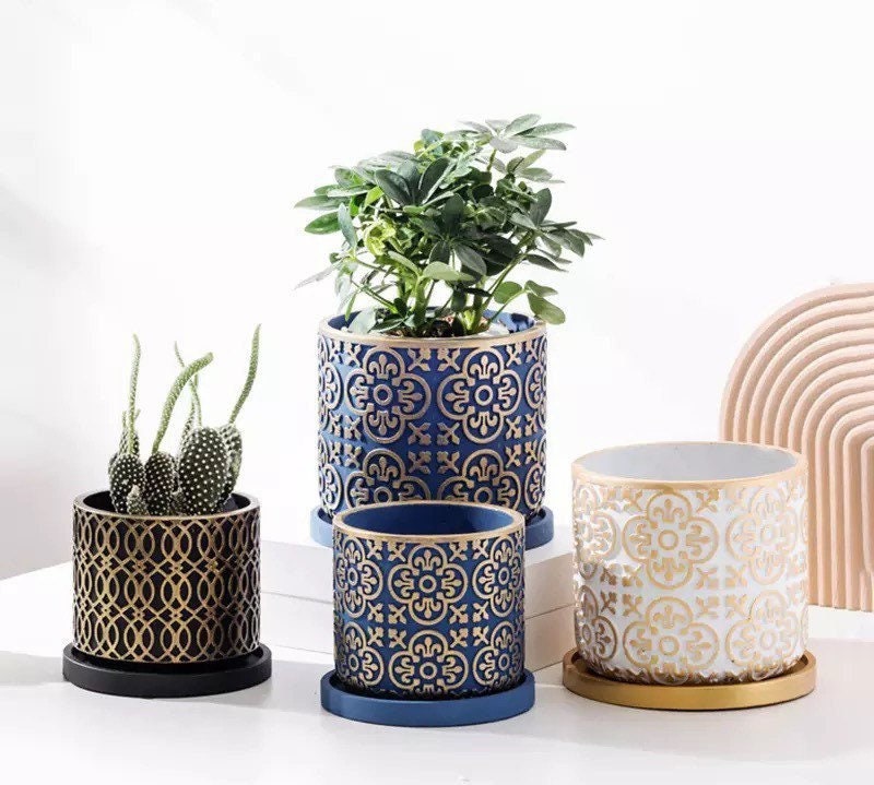 Planter Pot with Drainage | Damask Succulent Pot | Plant Pots | Large Indoor Planter | Drainage Tray | Blue | Gold | White | 6 inch