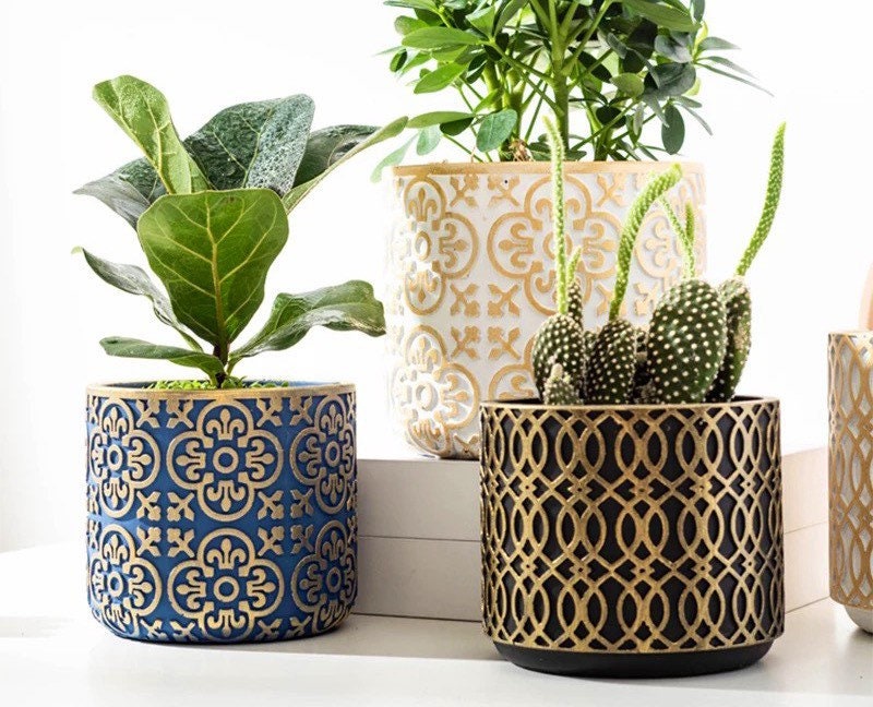 Planter Pot with Drainage | Damask Succulent Pot | Plant Pots | Large Indoor Planter | Drainage Tray | Blue | Gold | White | 6 inch