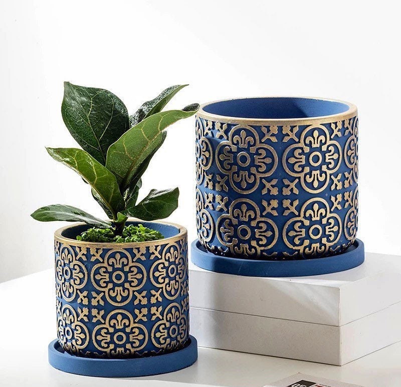 Planter Pot with Drainage | Damask Succulent Pot | Plant Pots | Large Indoor Planter | Drainage Tray | Blue | Gold | White | 6 inch