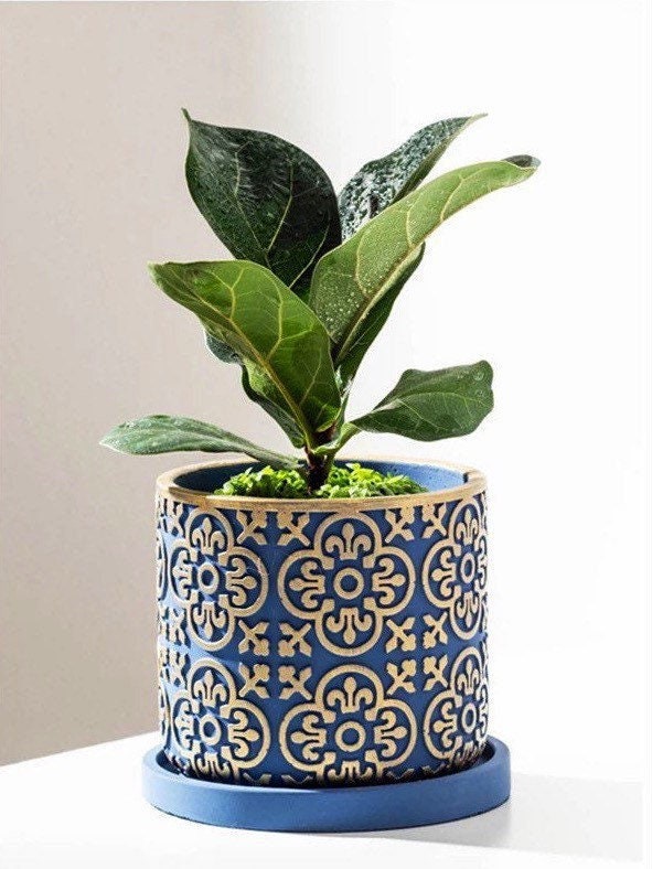 Planter Pot with Drainage | Damask Succulent Pot | Plant Pots | Large Indoor Planter | Drainage Tray | Blue | Gold | White | 6 inch