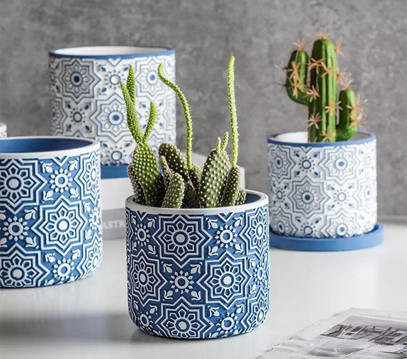 Planter Pot with Drainage | Damask | Succulent Pot | Plant Pots | Indoor Planter | Drainage Tray | Blue | Grey | White | 6 inch | Colorful