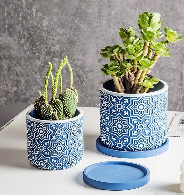 Planter Pot with Drainage | Damask | Succulent Pot | Plant Pots | Indoor Planter | Drainage Tray | Blue | Grey | White | 6 inch | Colorful
