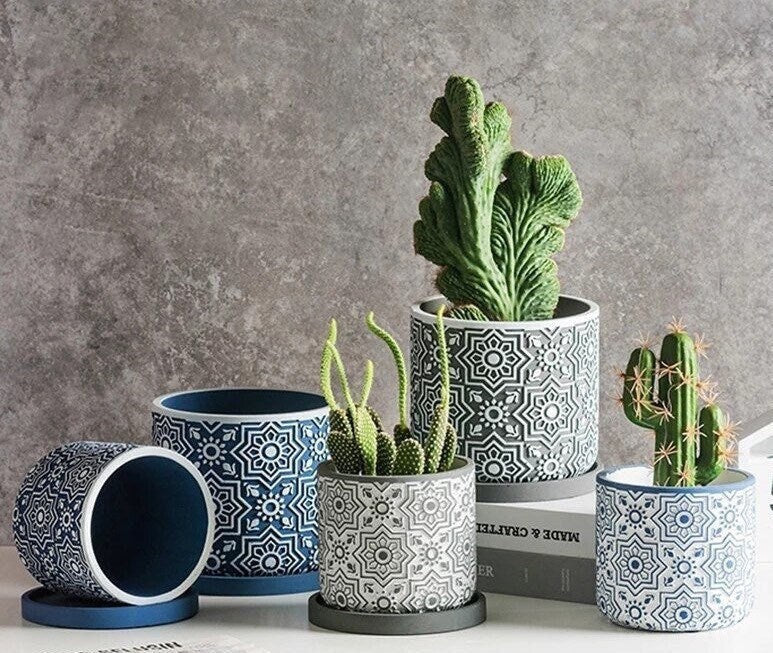 Planter Pot with Drainage | Damask | Succulent Pot | Plant Pots | Indoor Planter | Drainage Tray | Blue | Grey | White | 6 inch | Colorful