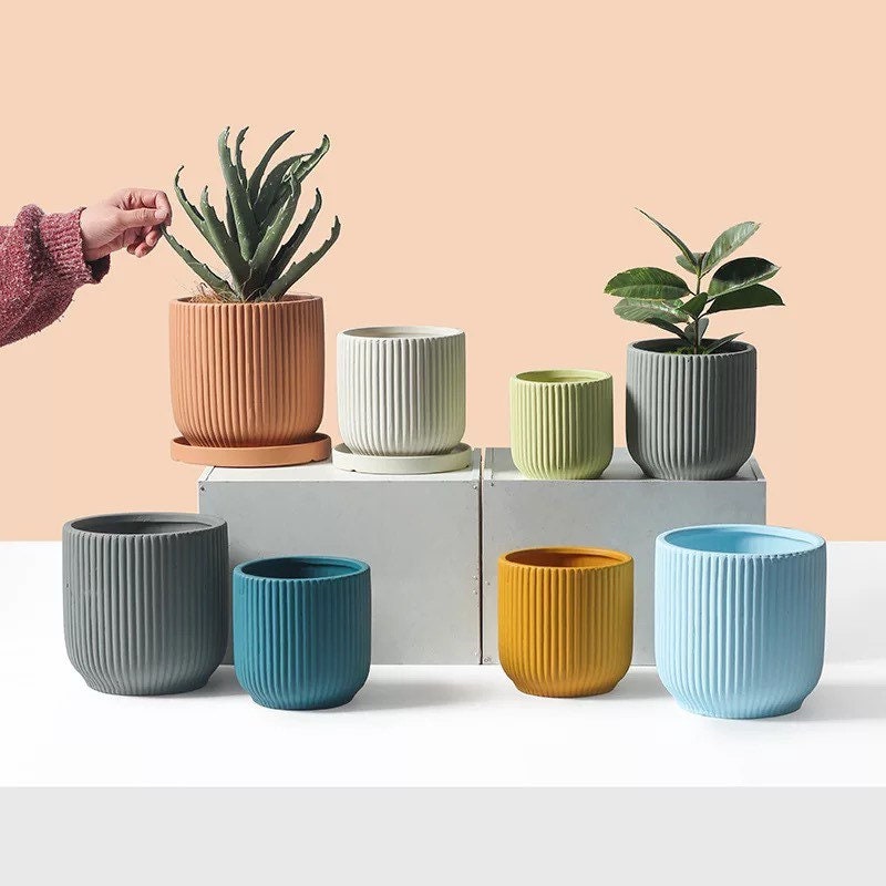 Earth Planter Pot with Drainage | Ripple Plant Pot | Planter Pots | Indoor Planter | Drainage Tray | 10 Natural Colors | 4 Inch | 5 Inch