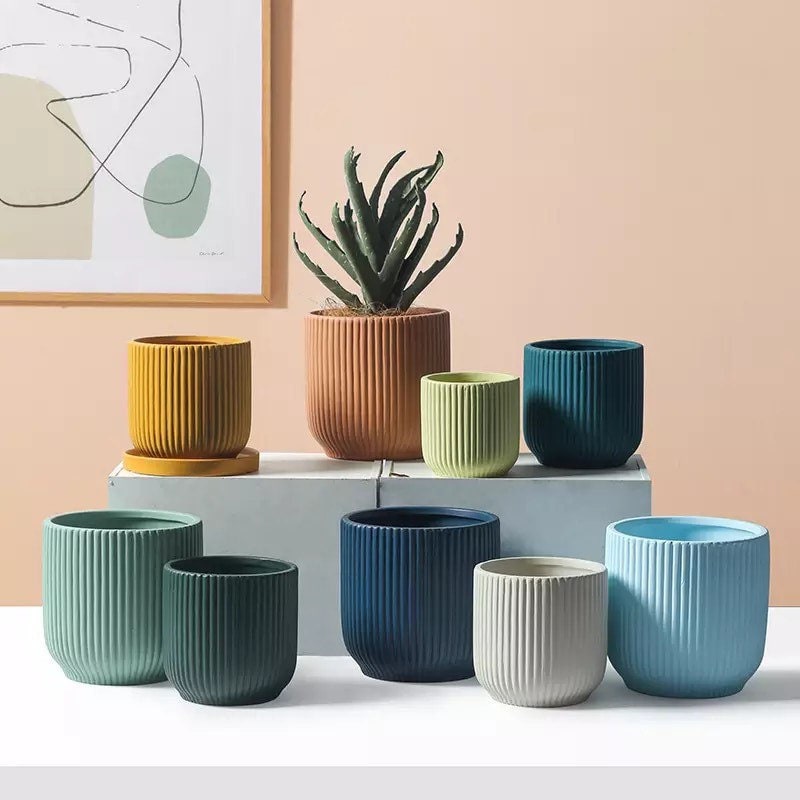 4 inch indoor plant pots Earth Planter Pot with Drainage | Ripple Plant Pot | Planter Pots | Indoor Planter | Drainage Tray | 10 Natural Colors | 4 Inch