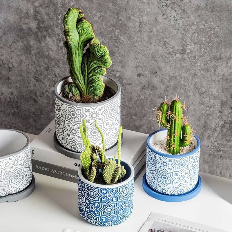 Planter Pot with Drainage | Damask | Succulent Pot | Plant Pots | Indoor Planter | Drainage Tray | Blue | Grey | White | 6 inch | Colorful