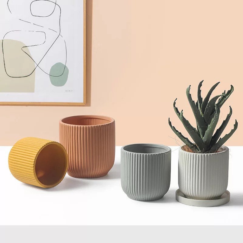 Earth Planter Pot with Drainage | Ripple Plant Pot | Planter Pots | Indoor Planter | Drainage Tray | 10 Natural Colors | 4 Inch | 5 Inch