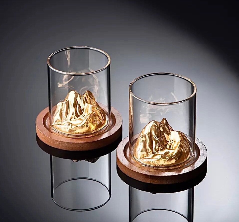 Gold Mountain Whiskey Glasses, Whiskey Glass Set, Unique Low Ball Glass, Barware Set, Gifts For Him, Gifts For Her, Groomsmen Gift, Wedding Gifts