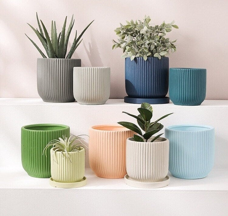14 inch ceramic flower pot Earth Planter Pot with Drainage | Ripple Plant Pot | Planter Pots | Indoor Planter | Drainage Tray | 14 Earth Colors | 4 Inch