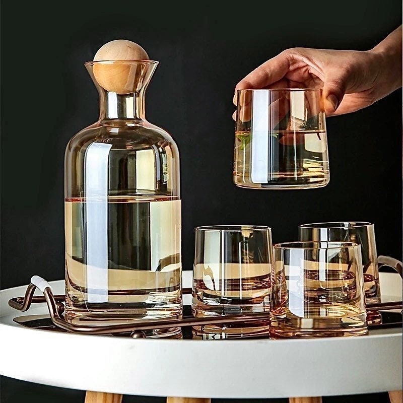 Clear Carafe and Glass Set, Whiskey Decanter, Whiskey Glasses, Bottleneck Pitcher, Carafe Tray, Wood Ball Stopper, Carafe & Glass Set, Gift Set