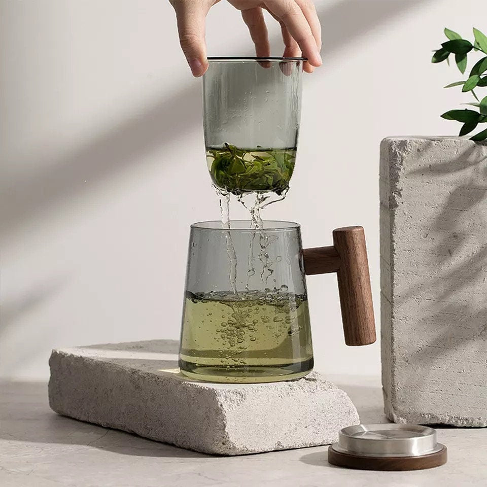 Minimalist Glass Coffee Cup, Glass Coffee Cup, Forest Green Mug, Double Wall Glass Mug, Wood Handle, Borosilicate Glass, Gifts, 430ml