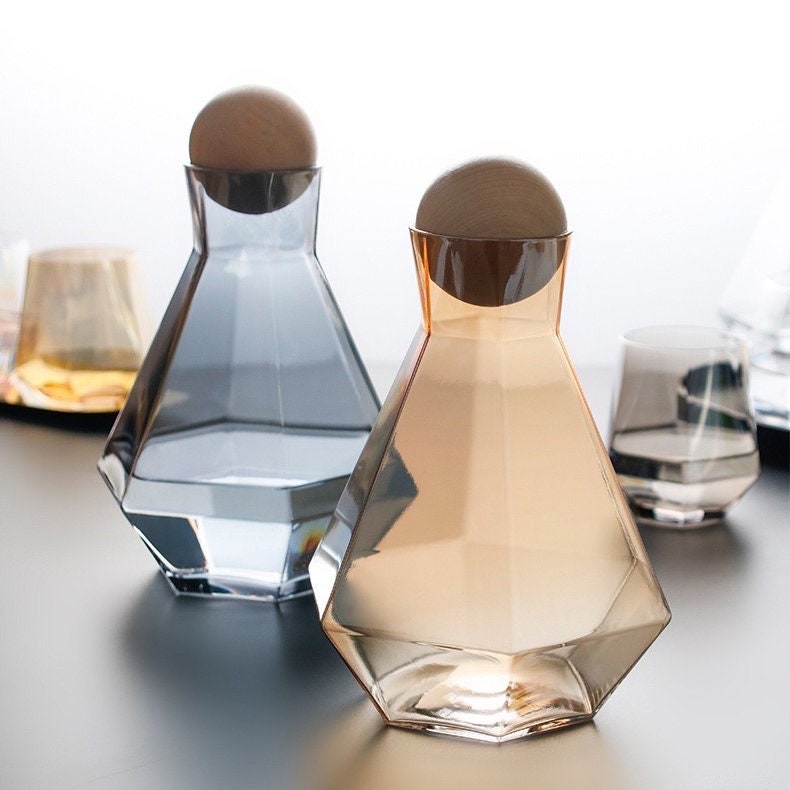 Grey Carafe and Glass Set, Whiskey Decanter Set, Whiskey Glasses, Glass Pitcher, Carafe Tray, Wood Ball Cork Stopper, Gift Set