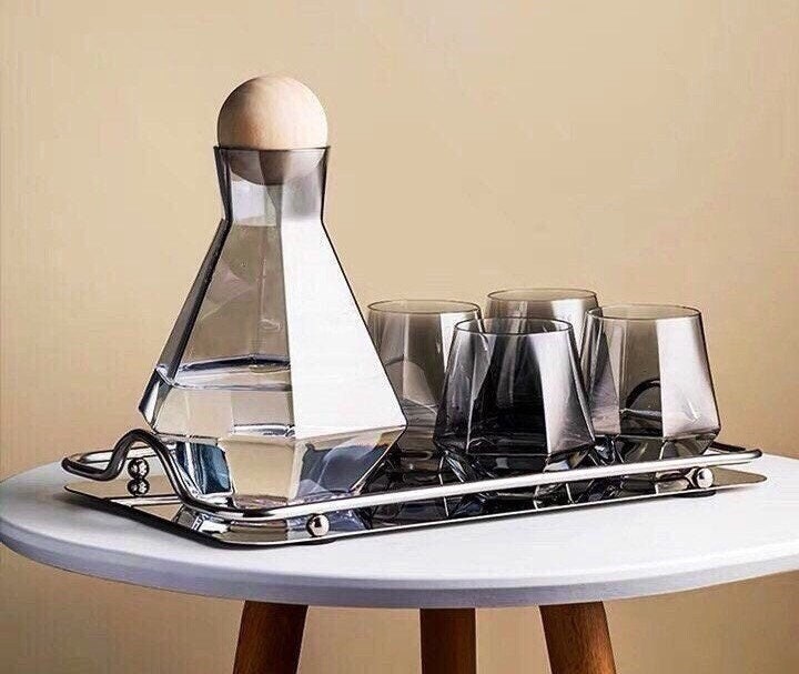 Grey Carafe and Glass Set, Whiskey Decanter Set, Whiskey Glasses, Glass Pitcher, Carafe Tray, Wood Ball Cork Stopper, Gift Set