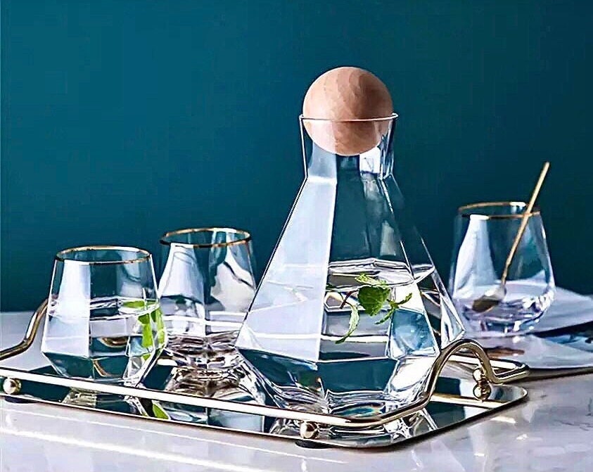 Carafe and Glass Set, Wine Decanter Set, Wine Glass Set, Glass Pitcher, Carafe Tray, Wood Ball Stopper, Gifts For Her, Gift Set