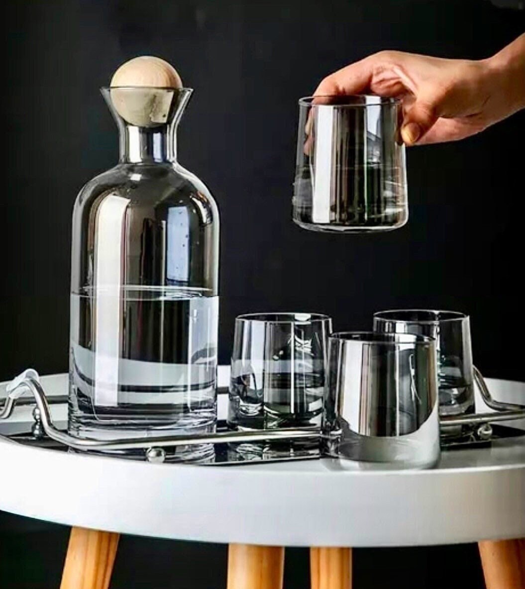 Clear Carafe and Glass Set, Whiskey Decanter, Whiskey Glasses, Bottleneck Pitcher, Carafe Tray, Wood Ball Stopper, Carafe & Glass Set, Gift Set