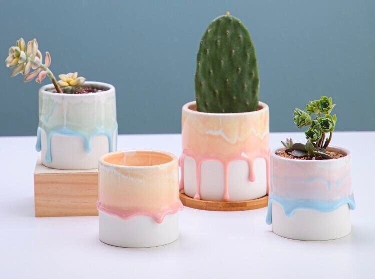 Cake Planter Pot with Drainage, Unique Plant Pots, Gradient Plant Pots, Succulent Planter, Plant Pots with Tray, 4 inch, White, Blue, Green