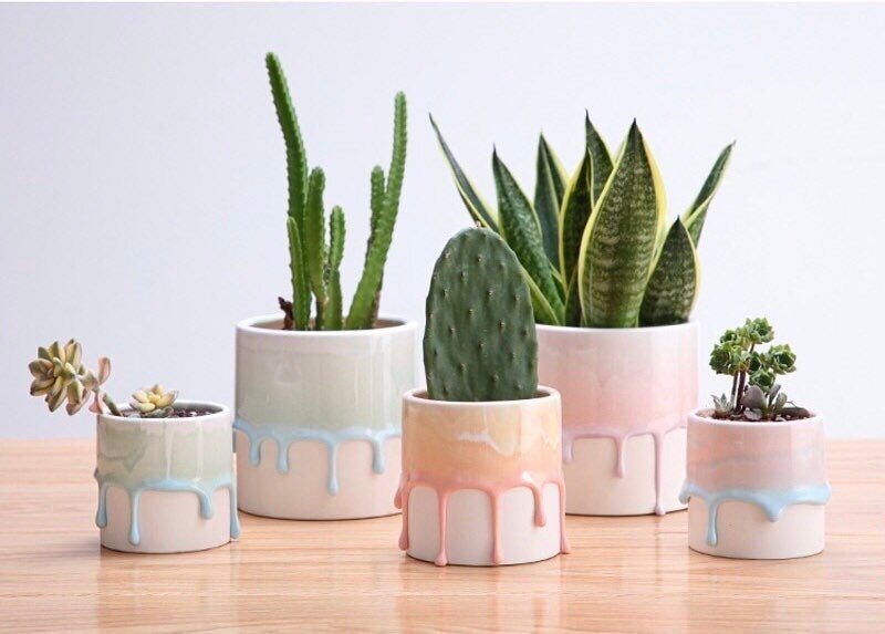 Cake Planter Pot with Drainage, Unique Plant Pots, Gradient Plant Pots, Succulent Planter, Plant Pots with Tray, 4 inch, White, Blue, Green