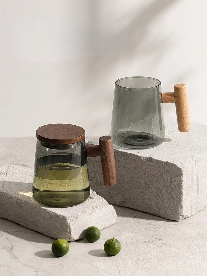 Minimalist Glass Coffee Cup, Glass Coffee Cup, Forest Green Mug, Double Wall Glass Mug, Wood Handle, Borosilicate Glass, Gifts, 430ml